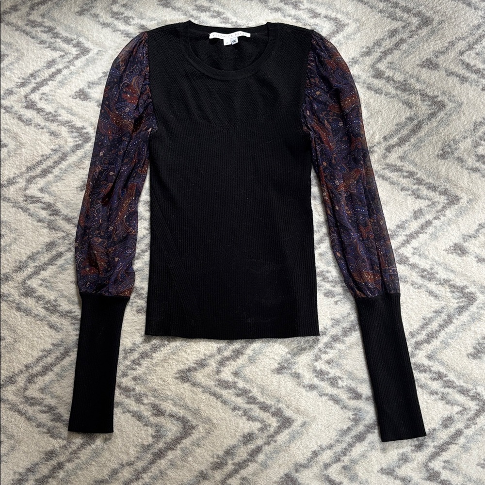 Veronica Beard Black Knit Top with Sheer Sleeve
